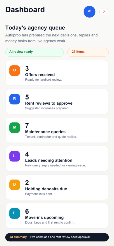 Autoprop iPhone dashboard showing agency work needing attention